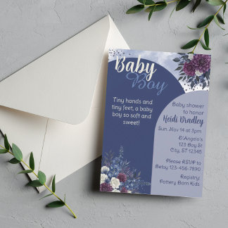 Invitación Bebé Niño, Azul Profundo/Floral Púrpura para Baby