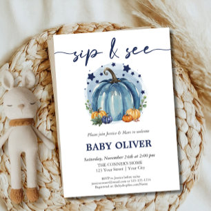 Invitación Bebé Niño Calabaza Azul Otoño Bebe Y Conoce Conoce