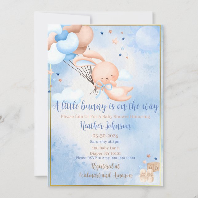 Invitación Bebé Niño Conejo Fiesta de Revelación (Anverso)