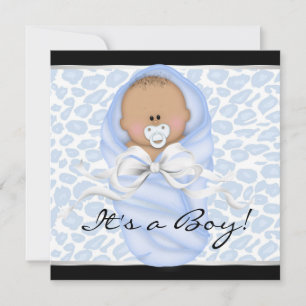 Invitación Bebé Niño Cumpleaños Temático Leopardo Azul Marino