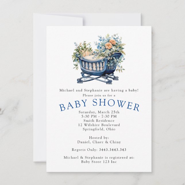 Invitación Bebé Niño Cuna Azul Ducha Floral (Anverso)