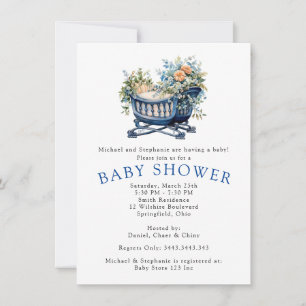 Invitación Bebé Niño Cuna Azul Ducha Floral