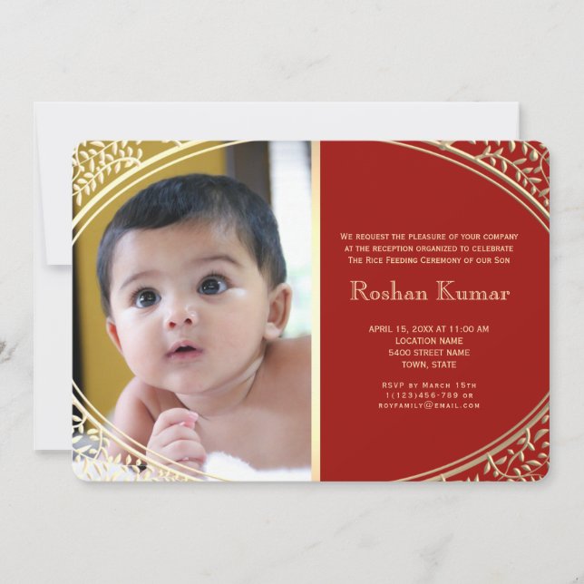 Invitación Bebé Niño de Oro Rojo Annaprashan (Anverso)