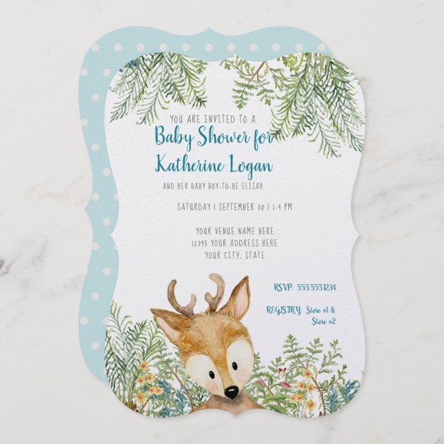 Invitación Bebé niño ducha Carpintería Animales Deer Forest F (Anverso / Reverso)