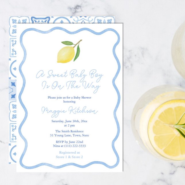 Invitación Bebé Niño Dulce Simple Bordado Ondulado de Limón e (Blue And White wavy border baby shower invitation with lemon to welcome a sweet baby boy. )