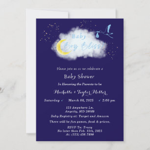 Invitación Bebé Niño Feliz Cigüeña Azul Medianoche Estrellado