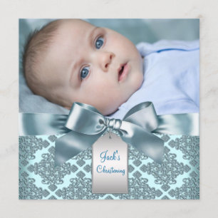 Invitación Bebé niño foto azul turquesa damasco bautizo