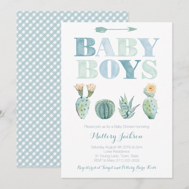 Invitación Bebé niño gemelos o tripletas Cactus Baby Shower (Anverso / Reverso)