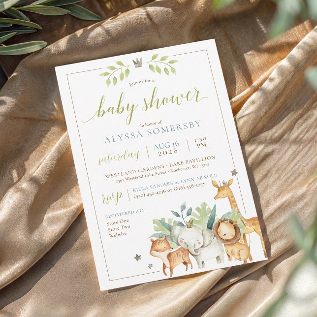 Invitación Bebé Niño Jungla Safari Animales Ducha Verde Azul (Cute watercolor wild jungle safari zoo animals tropical greenery crown blue green baby boy shower)