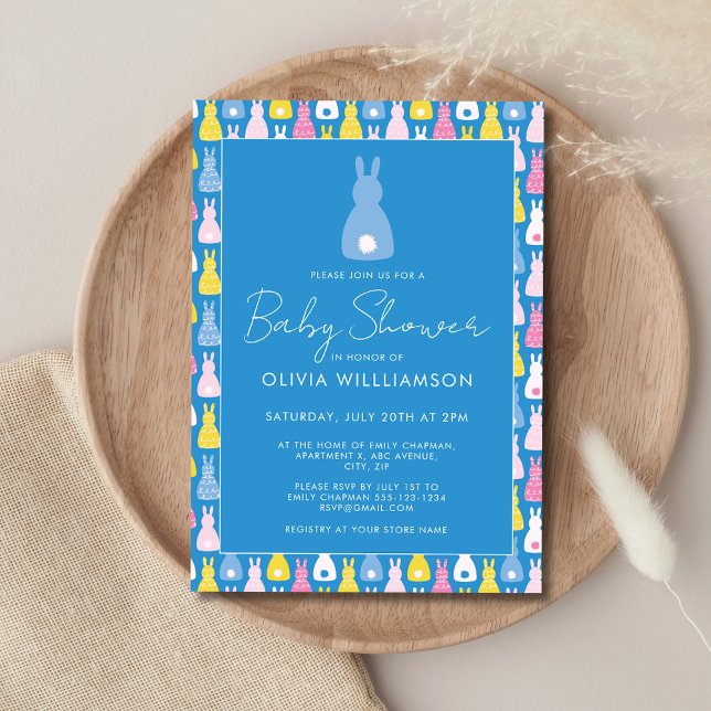 Invitación Bebé niño shower de conejo (Modern Bunny Blue Baby Shower Blue Invitation. Boy Baby Shower Invitation)