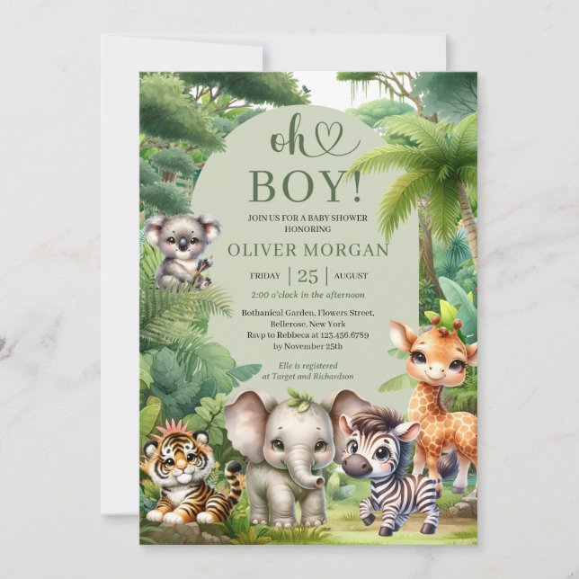 Invitación Bebé Niño Tropical Jungla Safari, ducha de animale (Anverso)