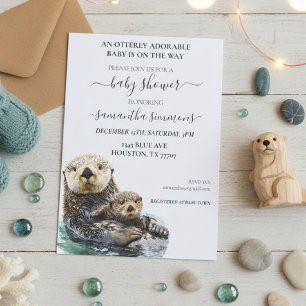 Invitación Bebé Nutria Marina Cumple Adorable Acuarela