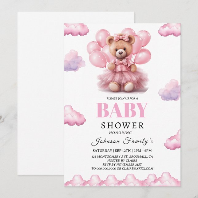 Invitación Bebé osa boho rosa para baby shower de niña (Anverso / Reverso)