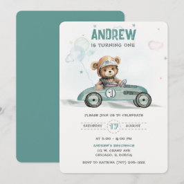 Invitación Bebé Oso Carrera de Autos Cumpleaños 1