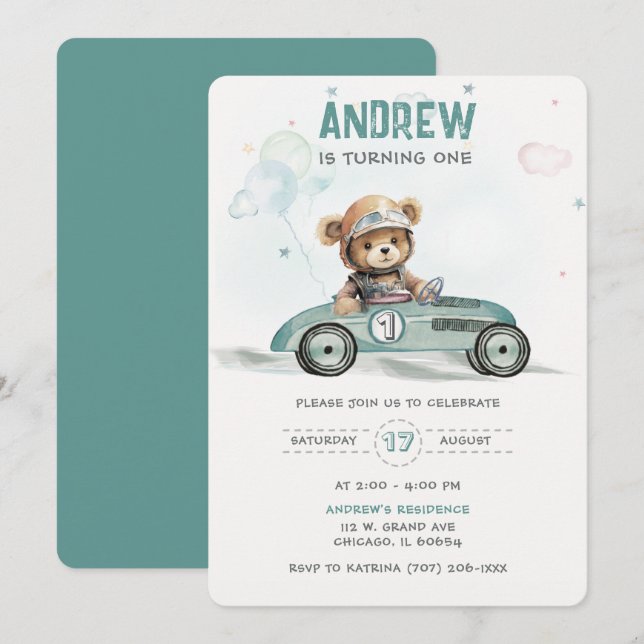 Invitación Bebé Oso Carrera de Autos Cumpleaños 1  (Anverso / Reverso)