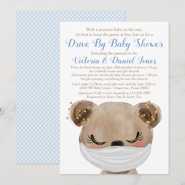 Invitación Bebé oso con máscara pasando en coche en la fiesta (Anverso / Reverso)