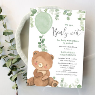 Invitación Bebé oso de género verde neutro ducha bebé