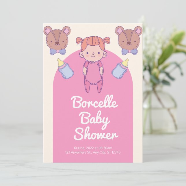 Invitación Bebé oso rosa y marrón Baby Shower  (Anverso de pie)