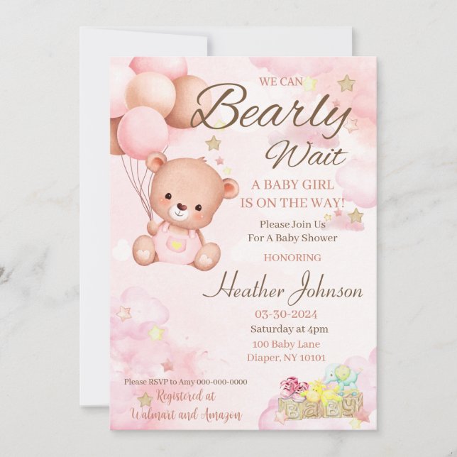 Invitación Bebé Oso Shower Niña (Anverso)