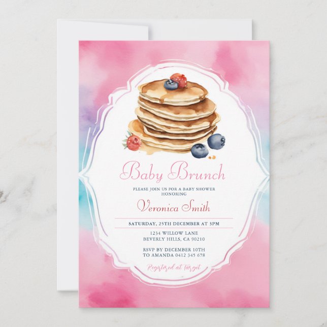 Invitación Bebé panqueque rosa Brunch Berry Baby Shower (Anverso)
