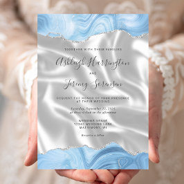 Invitación Bebé Pastel Azul Plata Agata Blanco Seda Boda