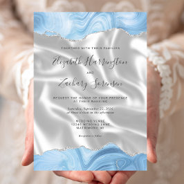 Invitación Bebé Pastel Azul Plata Agata Blanco Seda Boda