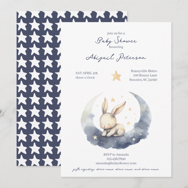 Invitación Bebé pequeño conejo en la luna con Baby Shower de  (Anverso / Reverso)