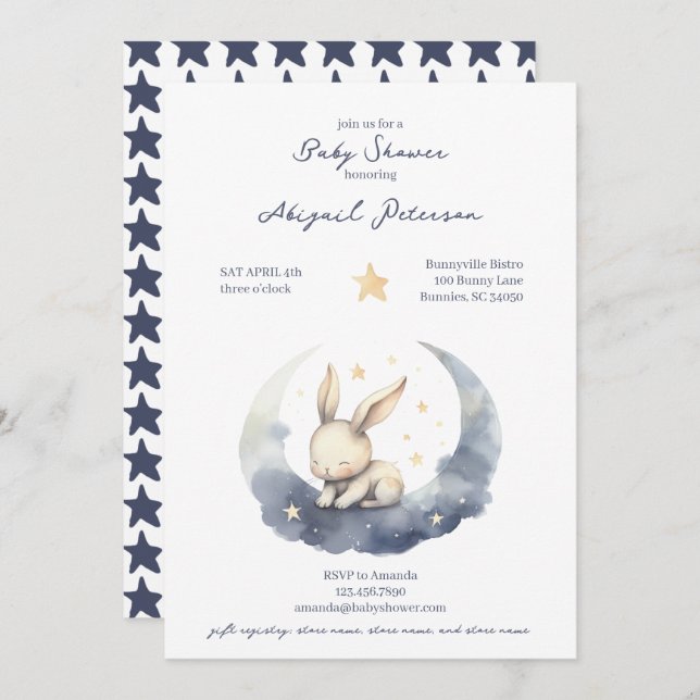Invitación Bebé pequeño conejo en la luna con Baby Shower de  (Anverso / Reverso)