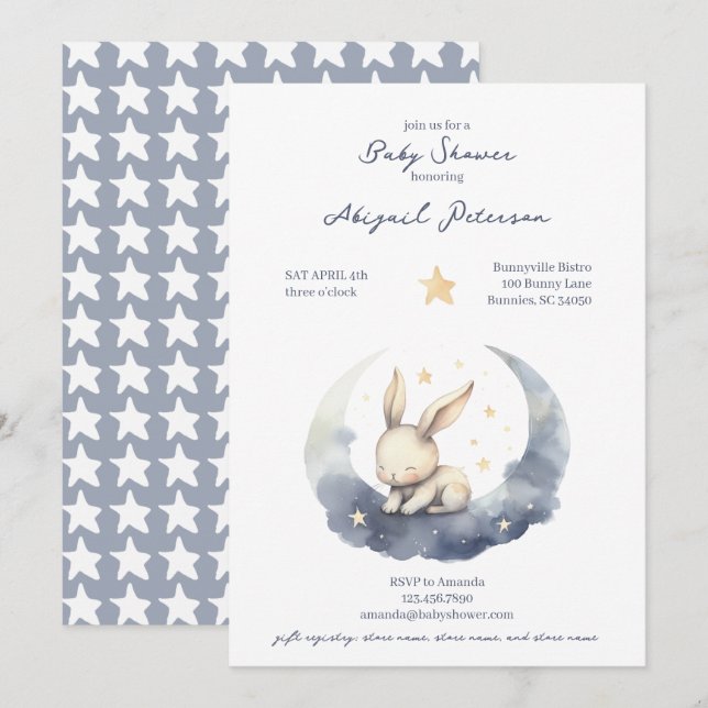 Invitación Bebé pequeño conejo en la luna con Baby Shower de  (Anverso / Reverso)