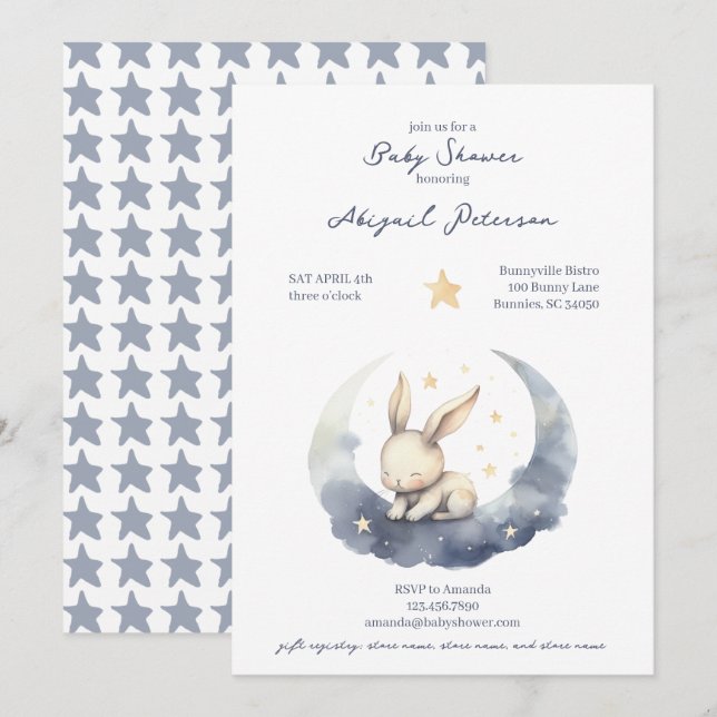 Invitación Bebé pequeño conejo en la luna con Baby Shower de  (Anverso / Reverso)