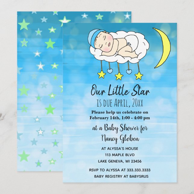 Invitación Bebé pequeño dulce Estrellas azules y lunas chicos (Anverso / Reverso)