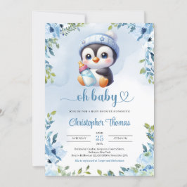 Invitación Bebé pequeño pingüino acuarela azul salvia floral
