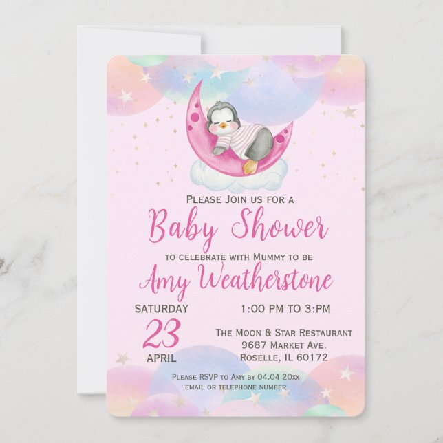 Invitación Bebé pequeño pingüino rosado Baby Shower (Anverso)