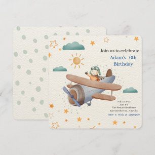 Invitación Bebé piloto de avión con acuarela azul y verde 