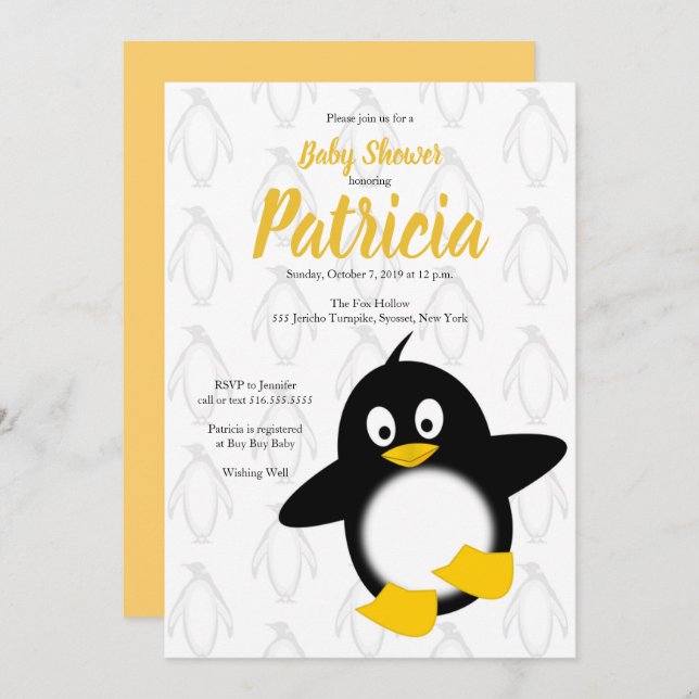 Invitación Bebé pingüino amarillo negro Baby Shower (Anverso / Reverso)