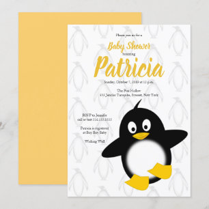 Invitación Bebé pingüino amarillo negro Baby Shower