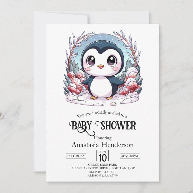 Invitación Bebé Pingüino Encantado: Baby Shower Sencillo (Anverso)