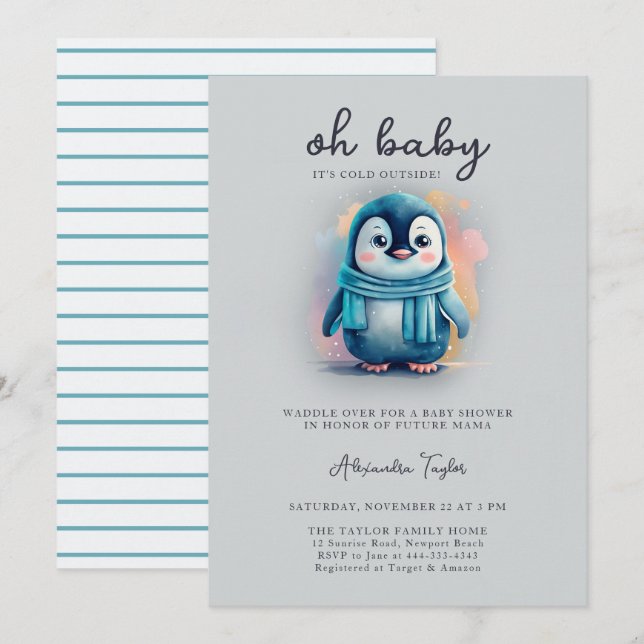Invitación Bebé pingüino lindo frío fuera de ducha dulce (Anverso / Reverso)