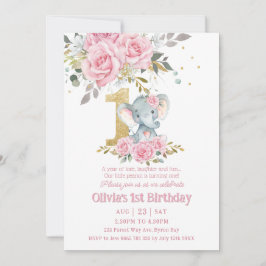 Invitación Bebé Pink Floral Cute Elephant Un primer cumpleaño