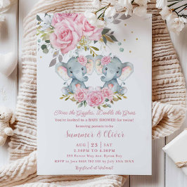 Invitación Bebé Pink Floral Cute Elephants Baby Shower