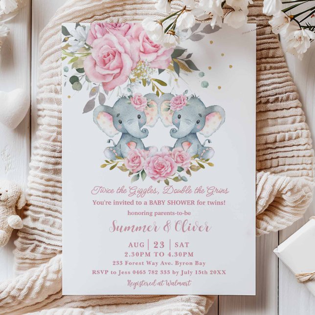 Invitación Bebé Pink Floral Cute Elephants Baby Shower (Subido por el creador)