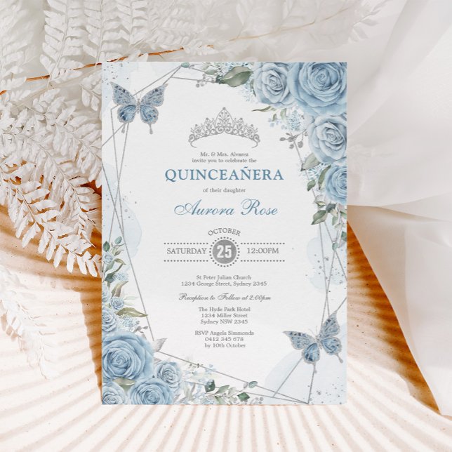 Invitación Bebé Plata Azul Quinceañera Mariposa Geométrica (Subido por el creador)