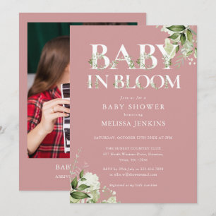 Invitación Bebé Polvo Rosa en Flor Fotografía de Follaje Rega