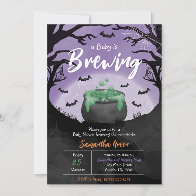 Invitación Bebé prepara Baby Shower morado de Halloween (Anverso)
