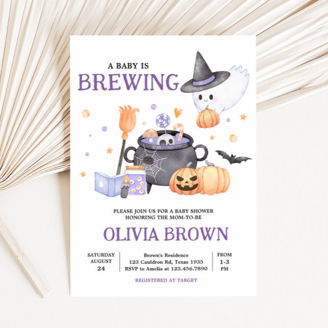 Invitación Bebé prepara Baby Shower morado de Halloween (Baby is Brewing Invitation)