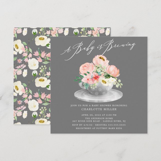 Invitación Bebé Preparando Peonies Rosa Té Floral Bebé (Anverso / Reverso)