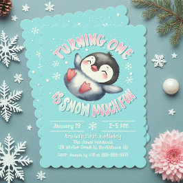 Invitación Bebé primer cumpleaños lindo invierno pingüino azu