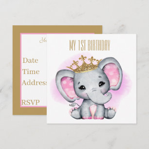 Invitación bebé primer cumpleaños Princesa elefante