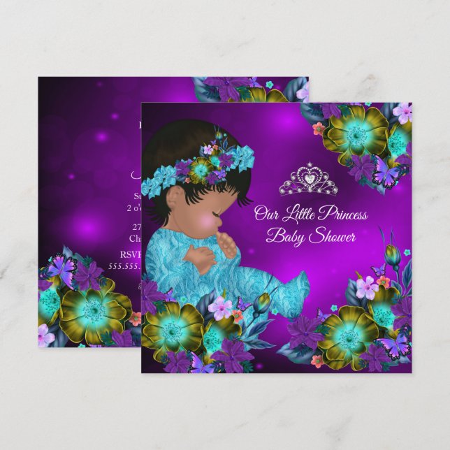 Invitación Bebé Princesa Cumpleaños Azul Teal Morado Niña Étn (Anverso / Reverso)