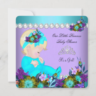Invitación Bebé Princesa Cumpleaños Niña Azul Teal Púrpura Ru